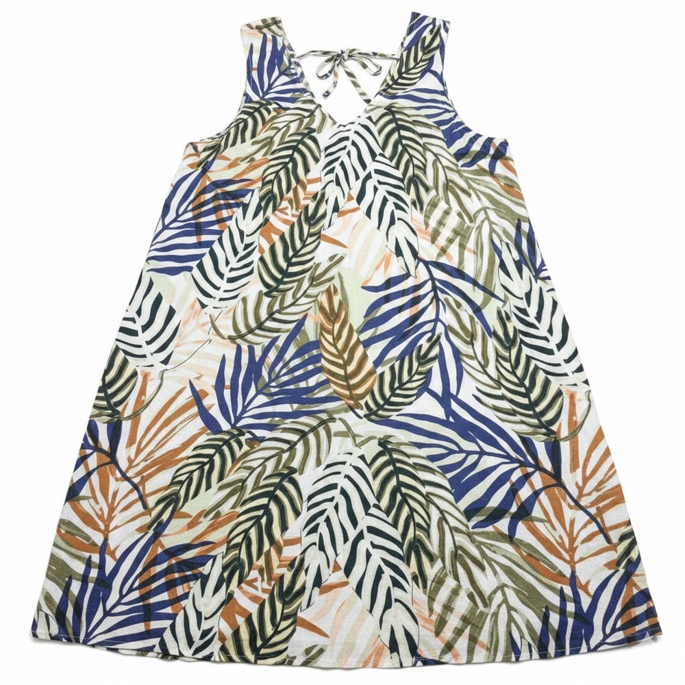 3/$30 Tahari Tropical Leaf Shift Dress V Neck Linen Blend Vacation Resort M